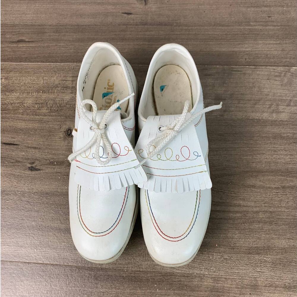 Vintage Etonic Kiltie Women's White Rainbow Stitch Golf Shoe Cleats Size 7.5 N